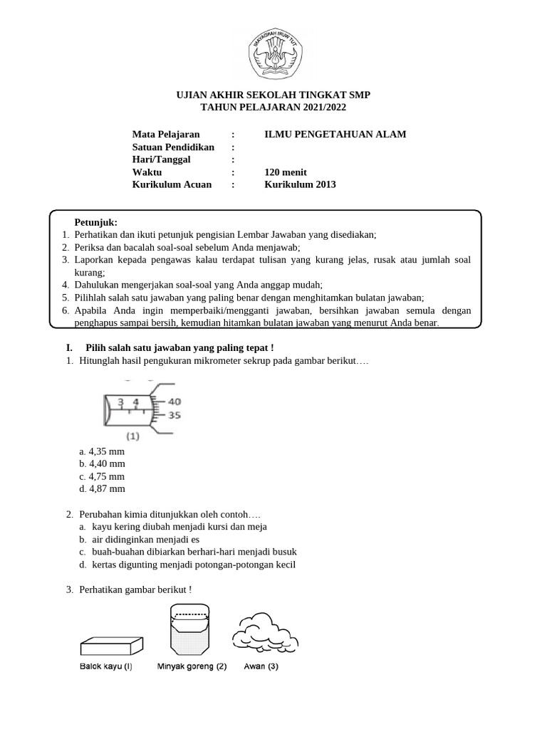 Ujian Akhir Ilmu Pengetahuan Alam SMP PDF