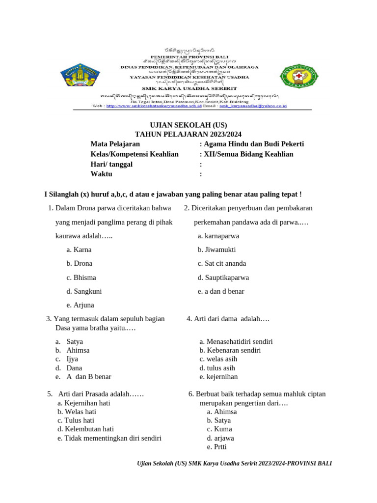 Wajib Tahu 5 Soal Ujian Sekolah Agama Hindu Kelas 12 Semester 1 2026