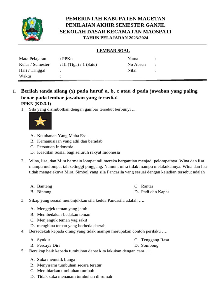 Soal PPKn Kelas 3 Semester 1 PDF Soal PPKn Kelas 3 Semester 1 PDF