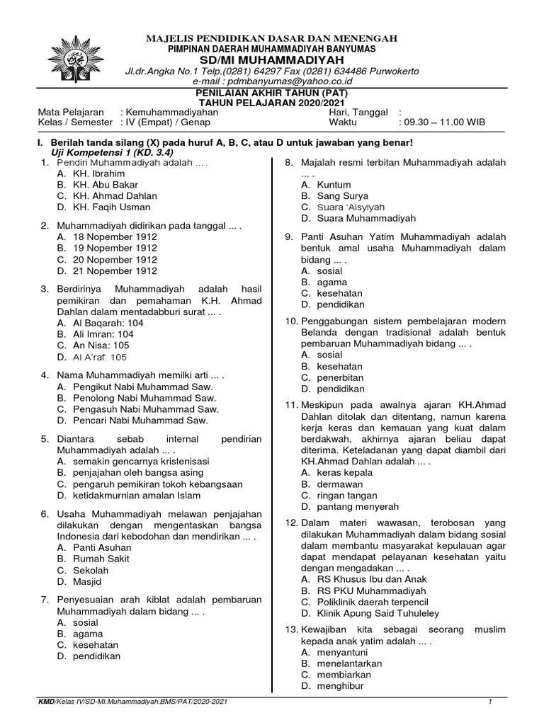 Soal Kemuhammadiyahan Kelas 4 SD PDF Soal Kemuhammadiyahan Kelas 4 SD PDF