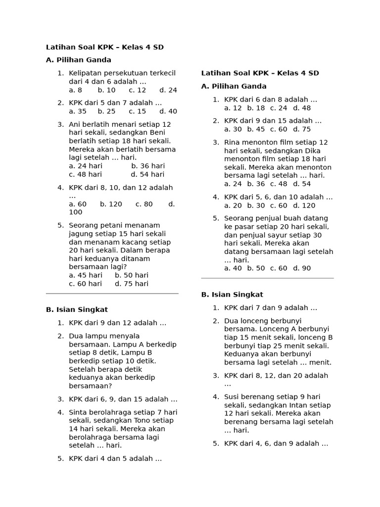 Latihan Soal KPK dan FPB Kelas 4 SD PDF Latihan Soal KPK dan FPB Kelas 4 SD PDF