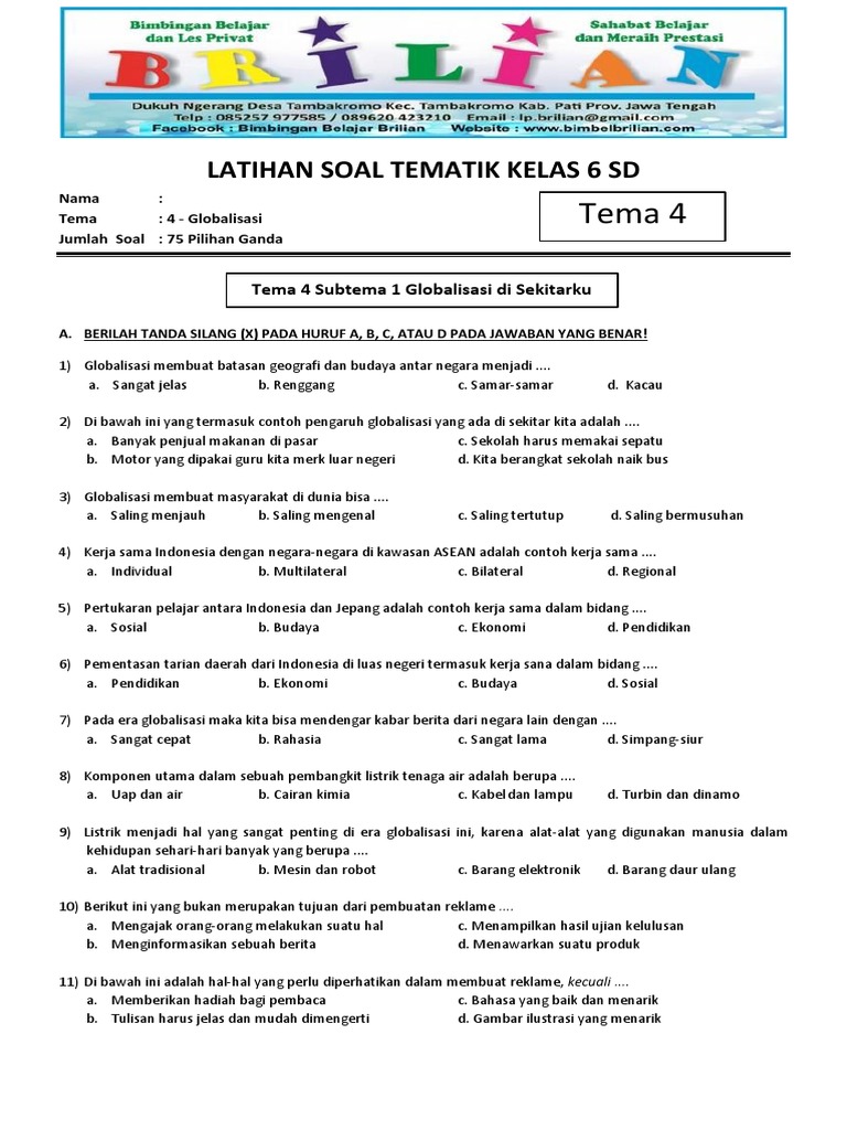 Soal Pilihan Ganda Kelas 6 SD Tema 4 PDF Soal Pilihan Ganda Kelas 6 SD Tema 4 PDF