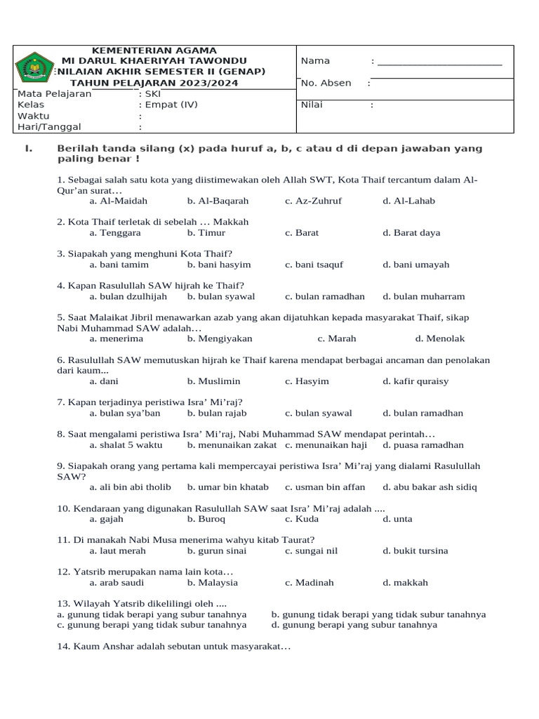 Soal SKI Kelas 4 Hijrah dan Yatsrib PDF Soal SKI Kelas 4 Hijrah dan Yatsrib PDF