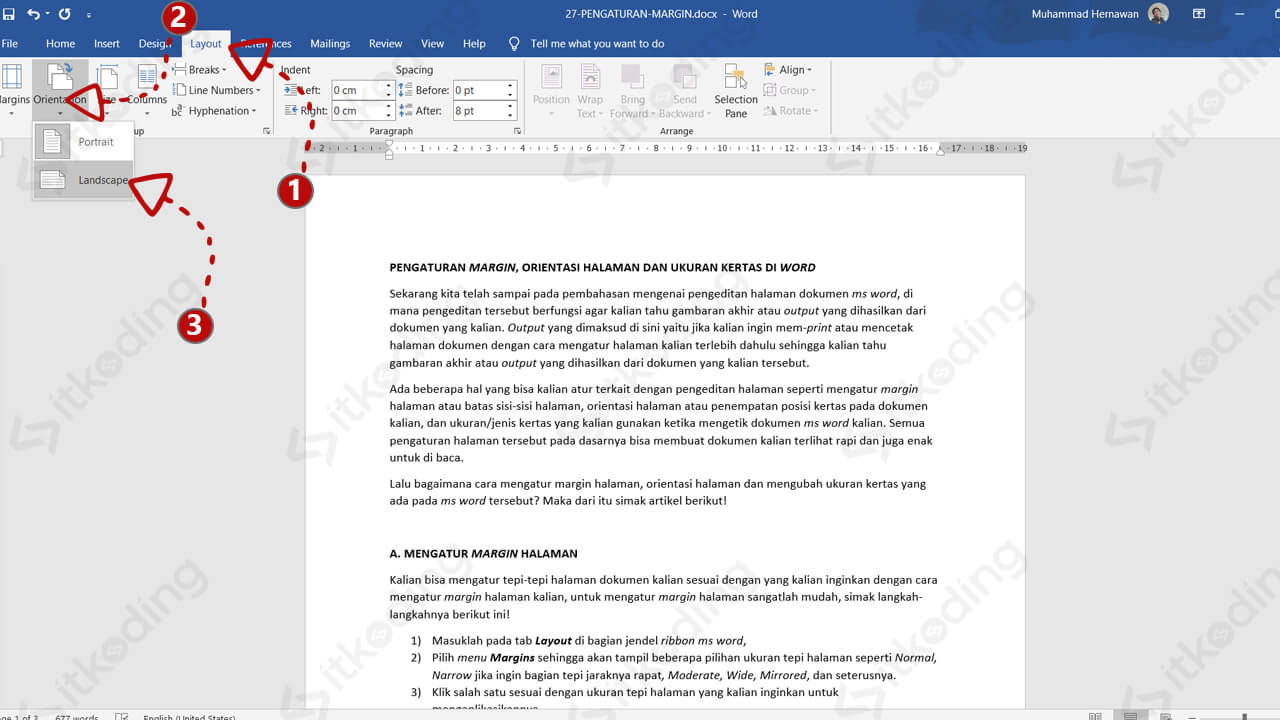 cara mengubah orientasi di halaman tertentu pada word
