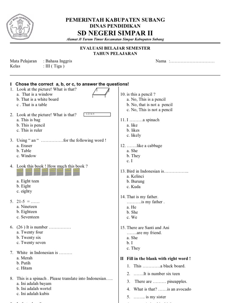 Bocoran Soal Bahasa Inggris Kelas 3 SD Semester 2 Terbaru Agar Anak Siap Ujian