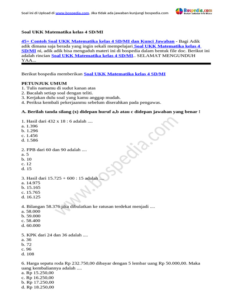 Link Download Soal UKK Kelas 4 Matematika 2018 Terbukti Paling Akurat Tahun Ini Link Download Soal UKK Kelas 4 Matematika 2018 Terbukti Paling Akurat Tahun Ini