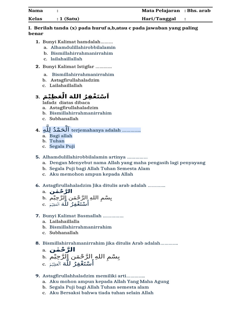 Wajib Tahu Kumpulan Soal Bahasa Arab Kelas 1 Semester 2 JSIT Agar Anak Cepat Mahir