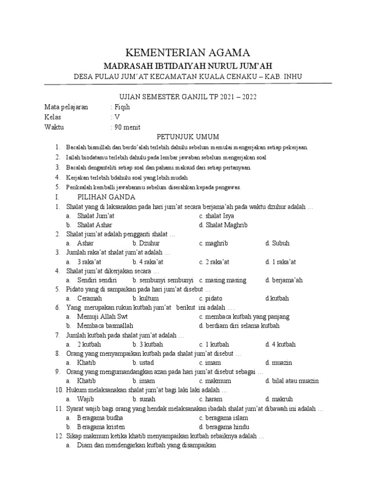 Wajib Tahu! Segera Download Soal UKK Fiqih Kelas 4 Semester 2 Terbaru Tahun Ini
